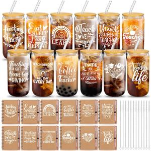 Skylety 36 Pcs Teacher Appreciation Gift Set for Women Thank You Inspirational 16 Oz Glass Cup with A6 Journal Notebook and Glitter Ballpoint Pen for Teacher Week Graduation School Supplies (Vivid)