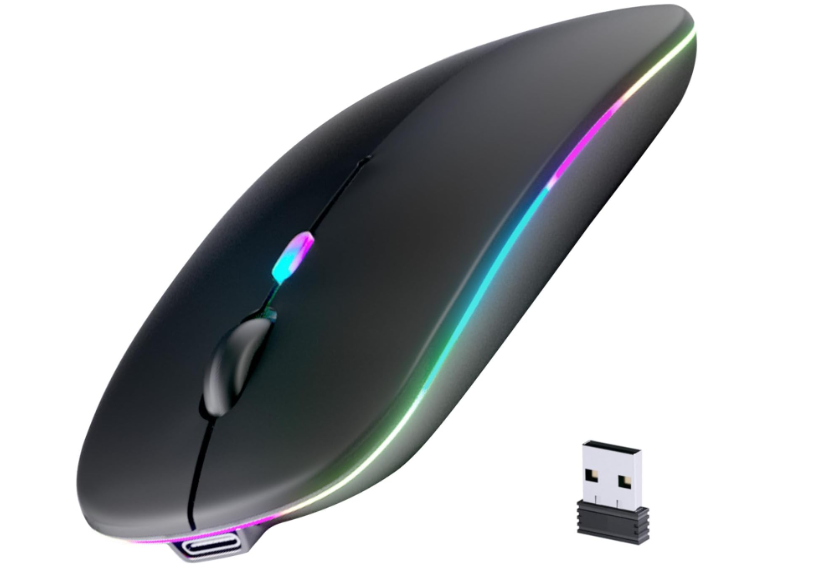 Wireless Bluetooth Mouse, Rechargeable, LED, Silent, Ultrathin Design (Bluetooth 5.2 and 2.4GHz USB Receiver) | Portable Computer Mouse for Laptops, iPads, MacBooks and Apple Devices (Black)