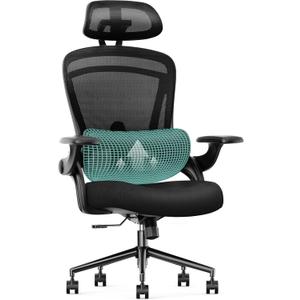 Sweetcrispy Ergonomic Mesh Office Chair, High Back with 2D Headrest, Up&Down Lumbar Support, Swivel Computer Task Desk Chairs with Adjustable Flip-up Armrests, Black