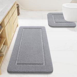 LOCHAS Bathroom Rug Set Light Grey, Soft Bath Rug Set 2 Piece Set, Toilet Mat U-Shaped 20x20 and 24x48 Bath Rugs, Quickly Dry Mats for Bathroom, Tub, Washable, Super Absorbent Floor Mat