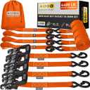 AUGO Heavy Duty Ratchet Straps & Soft Loops  Pack of 4 Extra Strong 1.5 by 10 Ratchet Straps w/S-Hook Safety Latches & 4 Soft Loop Tie Downs  4400Lb Break Strength for Motorcycles, ATVs, Etc. (Orange)