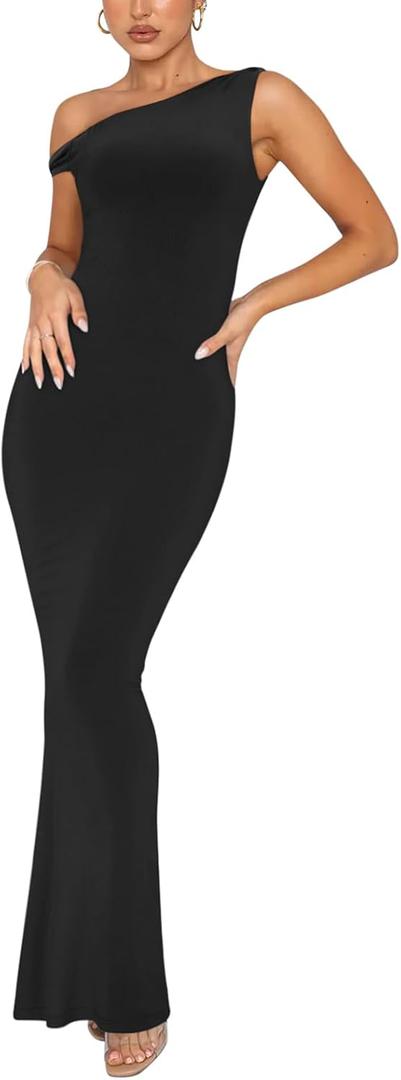 REORIA Women's Summer Sexy One Shoulder Formal Long Dress Wedding Guest Elegant Sleeveless Ribbed Bodycon Maxi Dresses (Medium, Black)