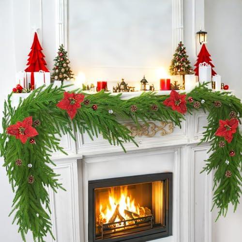 Miyukyee 2 Pcs Norfolk Pine Garland 9 Ft Artificial Christmas Garland with Poinsettia Pine Cones Balls Winter Greenery Garland for Holiday Mantle Stairs Stairs Indoor Outdoor Xmas Decor