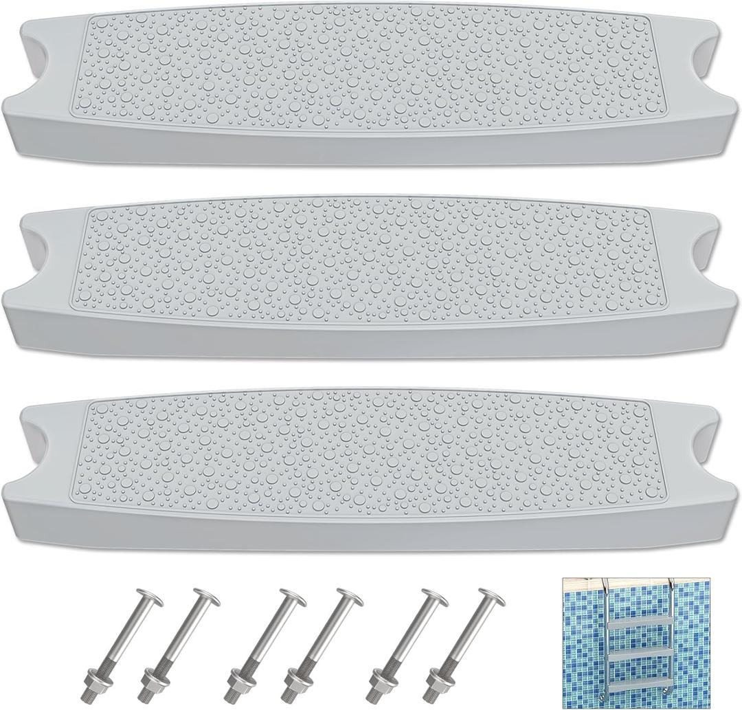 Goovilla Pool Ladder Steps Replacement, (3-Pack) 18" Universal Heavy-Duty Molded Plastic Swimming Pool Ladder Rung Step with 6 PCS Stainless Steel Bolts for Inground and Above Ground Pools, Grey (Gray)