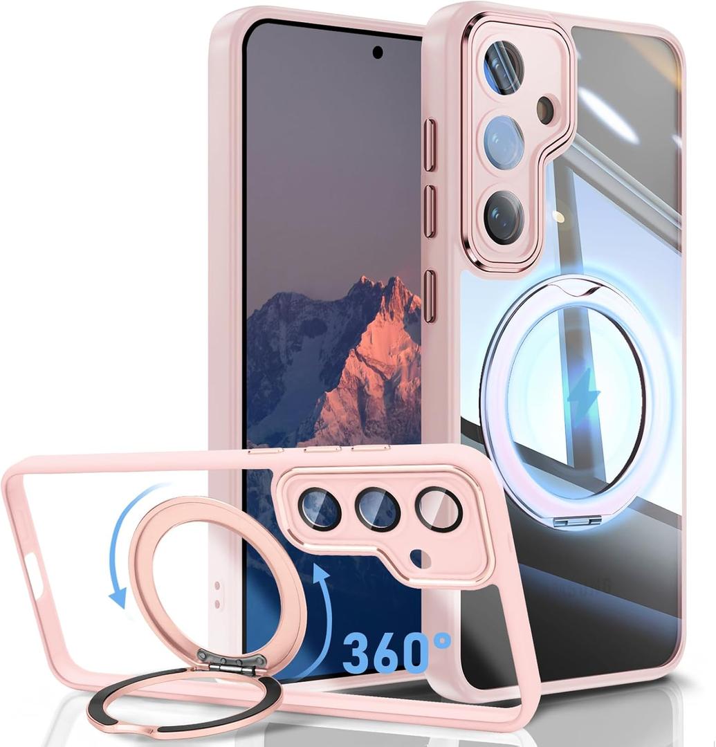 for Samsung Galaxy S25 Plus Magnetic Clear Case with Stand [Compatible with MagSafe] Upgraded 360 Rotatable Ring Holder Kickstand, Military Drop Protection Slim Phone Cover, Pink