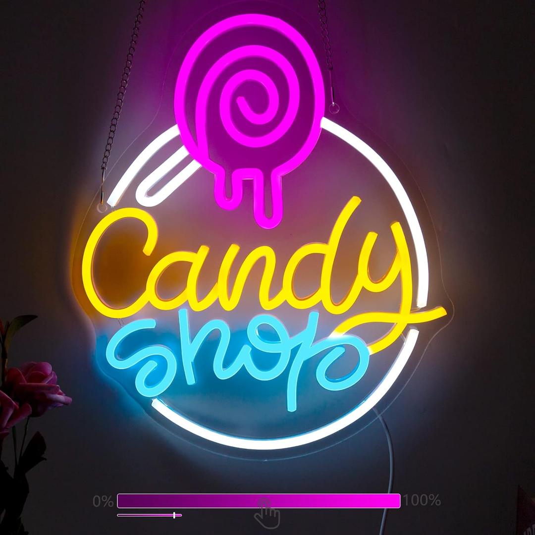 Candy Shop Neon Sign, Neon Signs for Wall Decor, Neon Dimmable LED Signs Lollipop Store Decorations, Neon Dessert Business Light Up Signs Candy Party Decorations, Neon Halloween Birthday Gift
