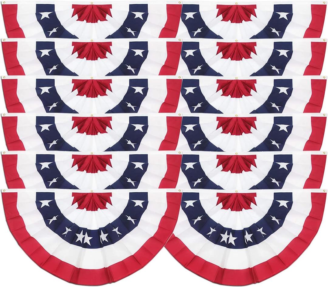12 Pack USA Pleated Fan Flag, 1.5x3 Ft American US Flag Patriotic Bunting Stars and Stripes Banner with Canvas Header and Brass Grommets for 4th of July Memorial Day Indoor Outdoor Decoration