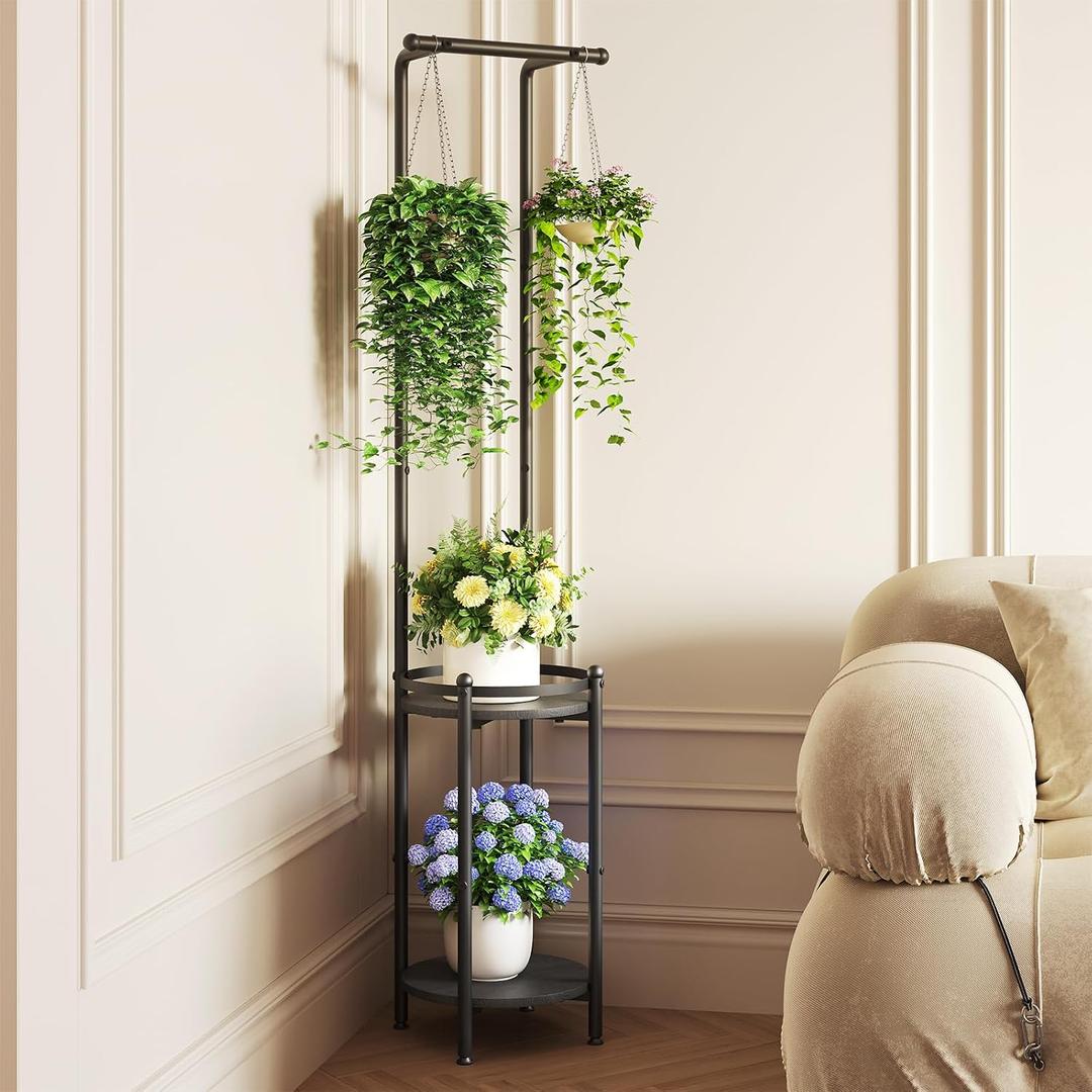 Homsorout Plant Stand Indoor Outdoor - Heavy Duty Metal 2-tier Hanging Plant Holder Space-Saving Iron Plant Stands Tall Plant Shelf for Living Room Garden BalconyBlack