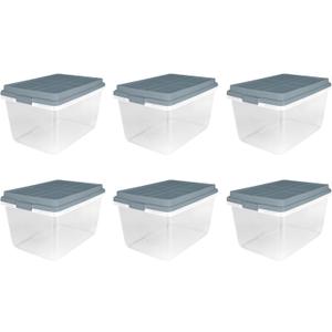 Hefty 72 Quart Hi-Rise Storage Bin with Lid, Stackable Plastic Container Tote for Home, Office, and Classroom Organization, 6 Pack, Smoke Blue