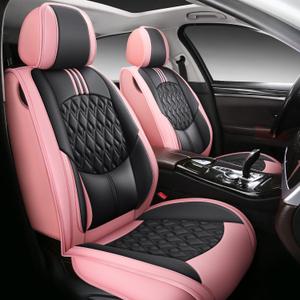 Zvaluqy03 Seat Cover 5-Seater Full Set Universal Type Suitable for Most Cars SUV Trucks Pickup Ttrucks Airbags Compatible with Synthetic Leather Car Seat Cushion Protectors(Black-Pink)