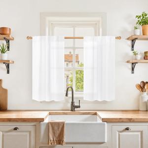 YoungsTex Small White Linen Curtains 36 Inch Length - Half Drapes with Rod Pocket Back Tab Lightweight for Bathroom Kitchen Window Over Sink, 2 Panels, 30 X 36 Inch