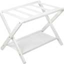 VASMIA Luggage Rack, Folding Suitcase Stand with Storage Shelf,Bamboo Luggage Stand for Guest Room,Bedroon and Hotel,Holds up to 131 lb,Fit Most Luggage Size,White