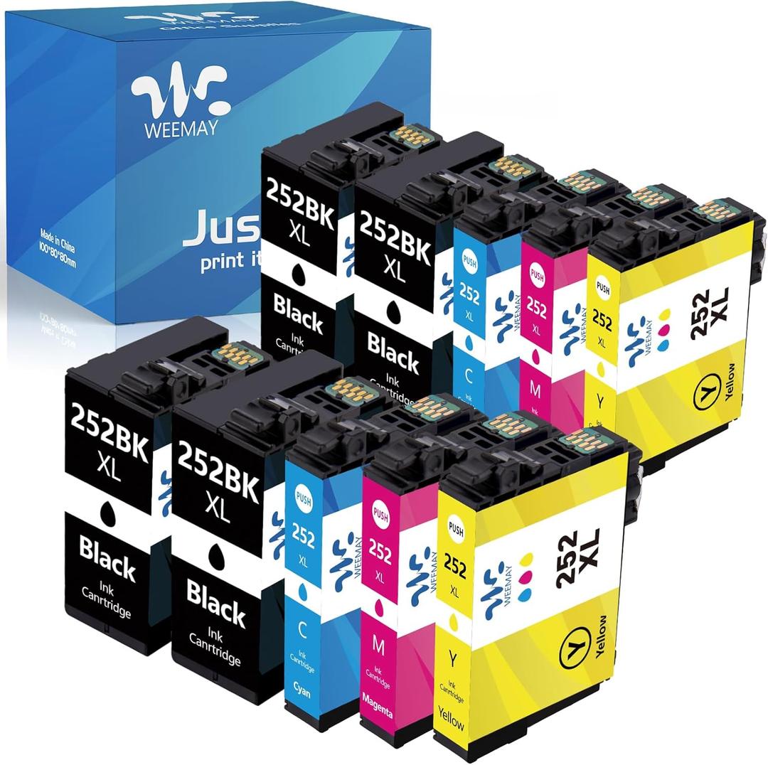 Weemay 252XL Ink Cartridges Combo Pack (10 Pack) Remanufactured Replacement for Epson 252XL 252 Ink Cartridges T252XL Use with Epson Workforce WF-3640 WF-3620 WF-7110 WF-7210 Printer (4BK/2C/2M/2Y)