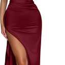 Memoriesea Women's Sexy One Shoulder High Split Cocktail Wedding Party Maxi Dress (Wine Red, Small)