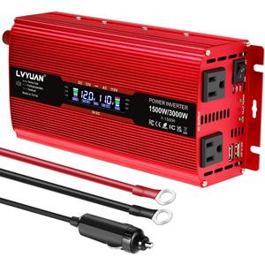 LVYUAN 1500W Car Power Inverter 12V to 110V DC to AC with 2 US Sockets, Cigarette Lighter, LCD Display, USB Ports for Car, Home, Truck, Outdoor, Camping (Red)