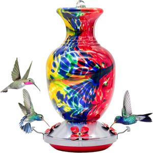 Hummingbird Feeders for Outdoors, 32 Ounces Glass Humming Bird Feeders for Outdoors Hanging Ant and Bee Proof, 4 Feeding Metal Stations with Perch and Moat, Ant Moat Hook, Rustproof Base Advtim (purple)