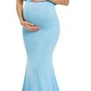 Glampunch Womens Off Shoulder Maternity Dress Ruffles Elegant Slim Gowns Fit Maxi Photography Dress (Blue, L)