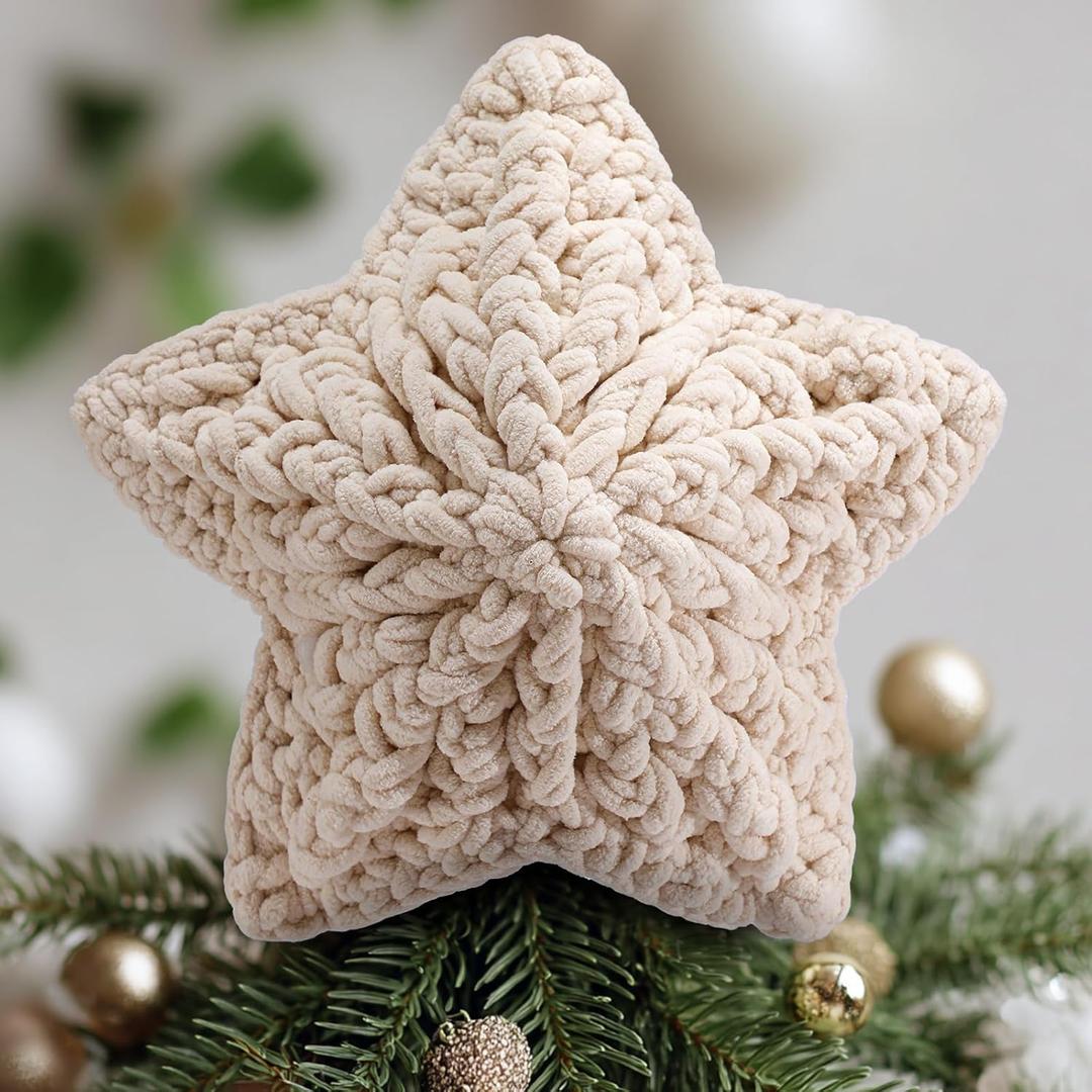Syhood 10 Inch Star Christmas Tree Topper Crochet Chunky Yarn Star Xmas Decor for Christmas Tree Ornament Farmhouse Holiday Party Decoration, Cream White