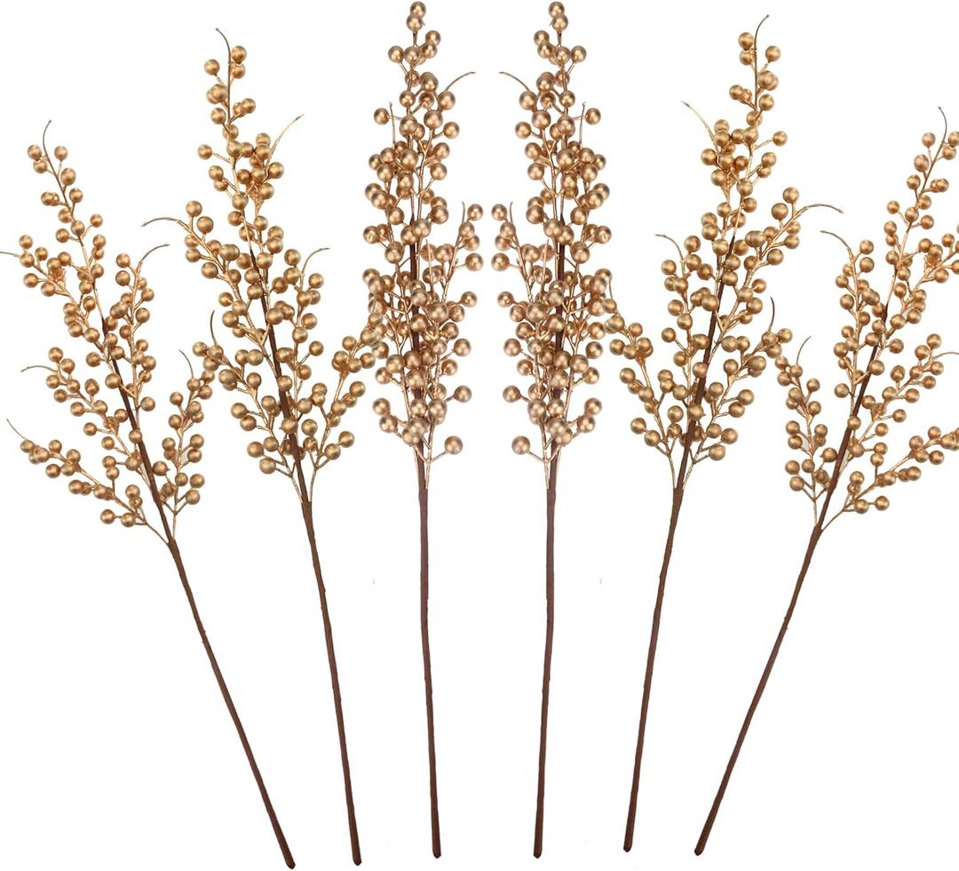 GREENTIME 6 Pack Golden Artificial Long Berry Stems Fake 25.2" Christmas Picks Faux Holly Berries Branches for Christmas Wreath Vase Holiday Home Decor