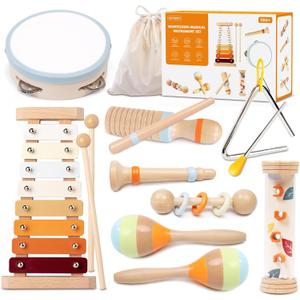 Toddler Musical Instruments Sets, Montessori Wooden Percussion Educational Baby Musical Toys Xylophone Maracas Tambourine for 2 3 4 Year Old, 18 Months Gifts for Baby Boys Girls Kids (8pcs)