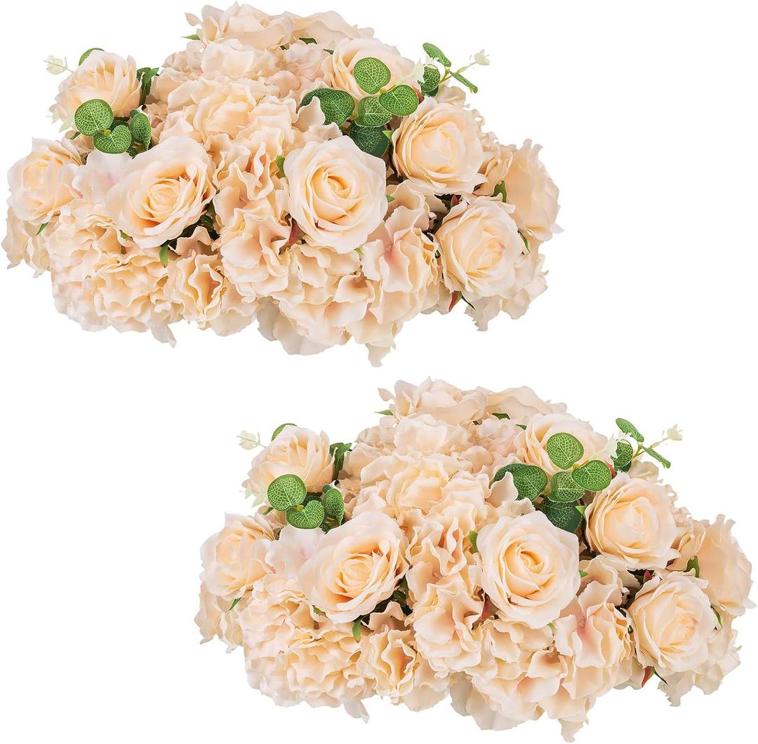 NUPTIO Flower Ball Arrangement Bouquet - 2 Pcs 15.7 inch Diameter Champagne Fake Flowers Roses Balls for Centerpieces Tables - Artificial Rose Arrangements for Wedding Centerpiece Table Decorations