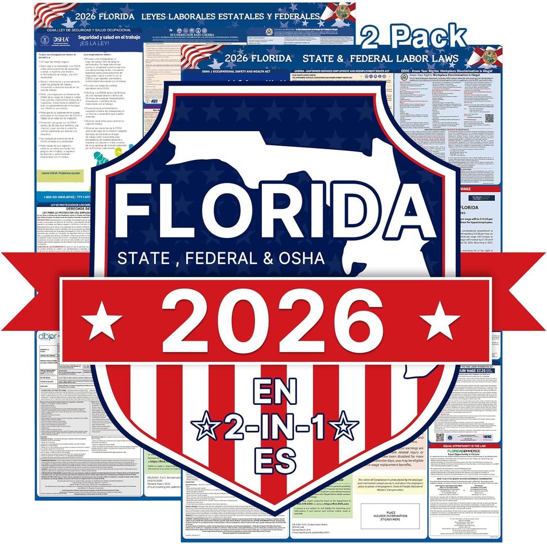 PUNCHMAN 2pcs 2026 Florida State & Federal Workplace Labor Poster - Bilingual English/Spanish 2 Version Guidelines Posting for Workplace, Durable Laminated, Includes 2026 Minimum Wage Info