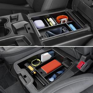 Center Console Organizer, 2PCS Storage Tray Compatible with 2019-2025 Chevy Silverado/GMC Sierra 1500 & 2020-2025 Chevy Silverado/Sierra 2500HD 3500HD (Split-Bench Folding Seat)-Black