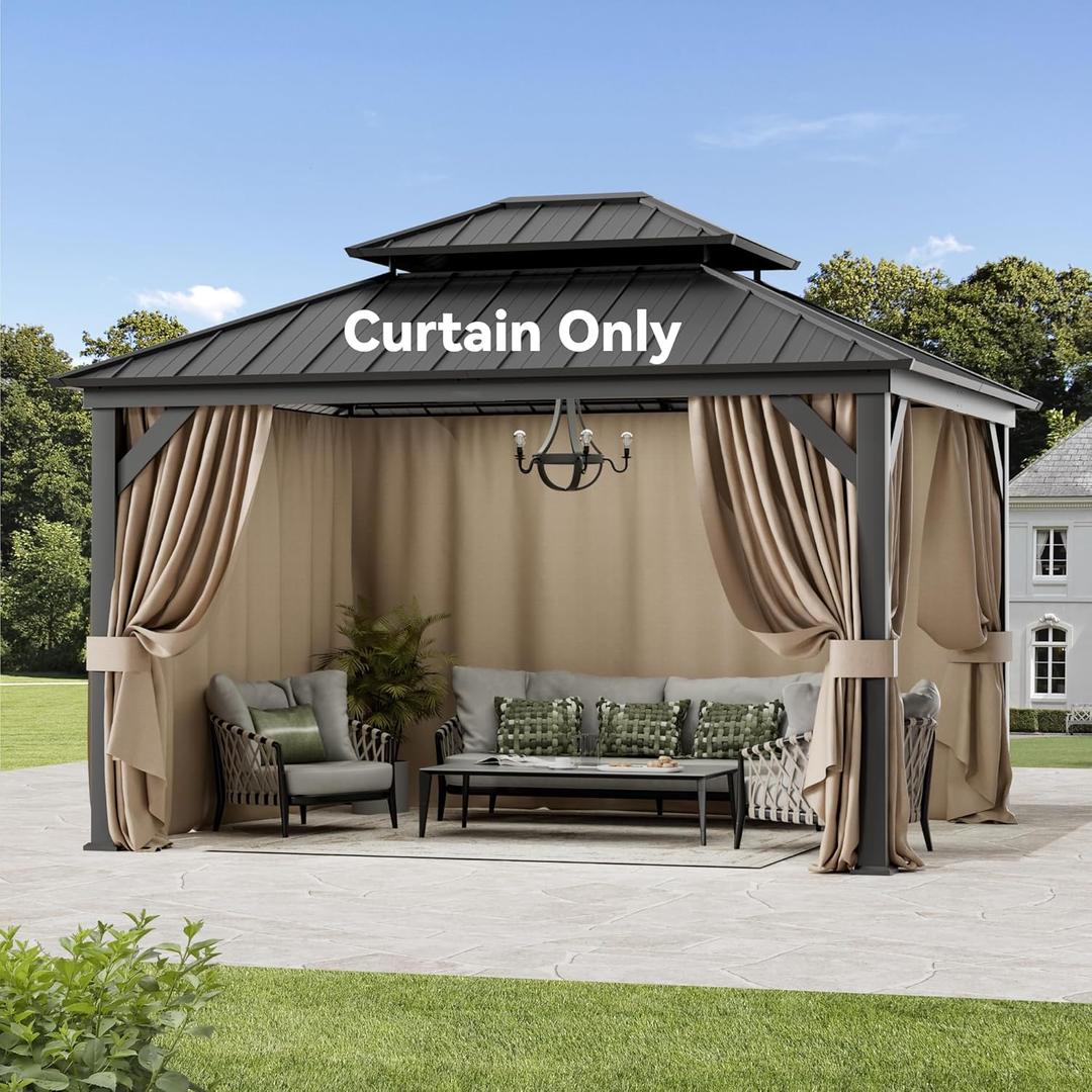 Gazebo Curtain Replacement Universal 4-Panel Sidewalls 11' x 13', Outdoor Gazebo Privacy Curtains with Zipper, Replacement for Outdoor, Patio Canopy, Garden and Backyard (Curtain Only) (Khaki)