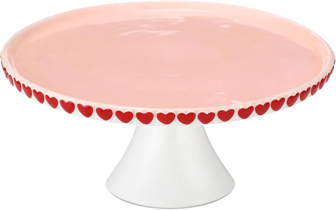 Lallisa 10" Ceramic Heart Cake Stand Pink Round Dessert Plate with Red Heart Edges Wedding Cake Pedestal Stand Display for Valentine's Day Birthday Wedding Party Decorating