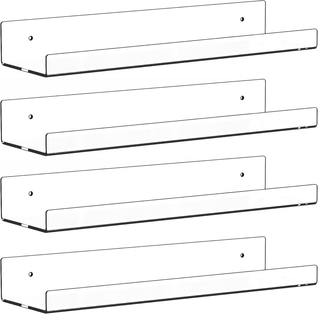 4 Pack Clear Acrylic Shelves for Wall with Adhesive,15 Inch No Drill Floating Shelves for Bathroom,Bedroom,Renter Friendly,Kids Room Bookshelf,Wall Display Shelf for Lego,Funko Pop,Figurine,Perfume
