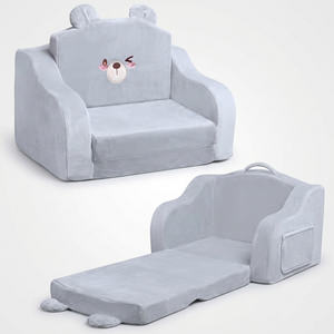 Kids Couch for Playroom, 2-in-1 Soft Toddler Couch Fold Out, Toddler Chair Comfy 1-3 Years Old, Convertible Sofa to Lounger for Girls and Boys, Cuddly Kids Furniture Floor Recliner, Grey Bear