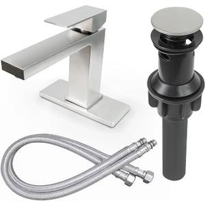Bathroom Sink Faucet Brushed Nickel Single Handle Bathroom Faucet 1 Hole or 3 Holes with Optional Deck Plate, Stainless Steel Lavatory Vanity Faucet with Pop-up Drain and Water Supply Lines, 1.2 GPM