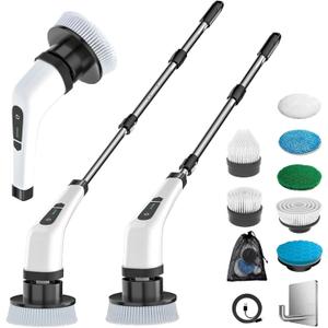 MGLSDeet Electric Spin Scrubber Rechargeable Cleaning Brush with 7 Replaceable Brush Heads, Cordless and Portable Power Scrubber, Electric Bathroom Scrubber for Cleaning Tile, Window, Floor, Tub, Car (White 50)