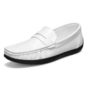 HEEZ Men's Loafers, Casual Slip On Shoes, Soft Penny Loafers, Comfortable Flats Dress Shoes, Leather Driving Boat Shoes with Arch Support, Square Toe, TPR Anti-Slip Outsole, Size 13 White