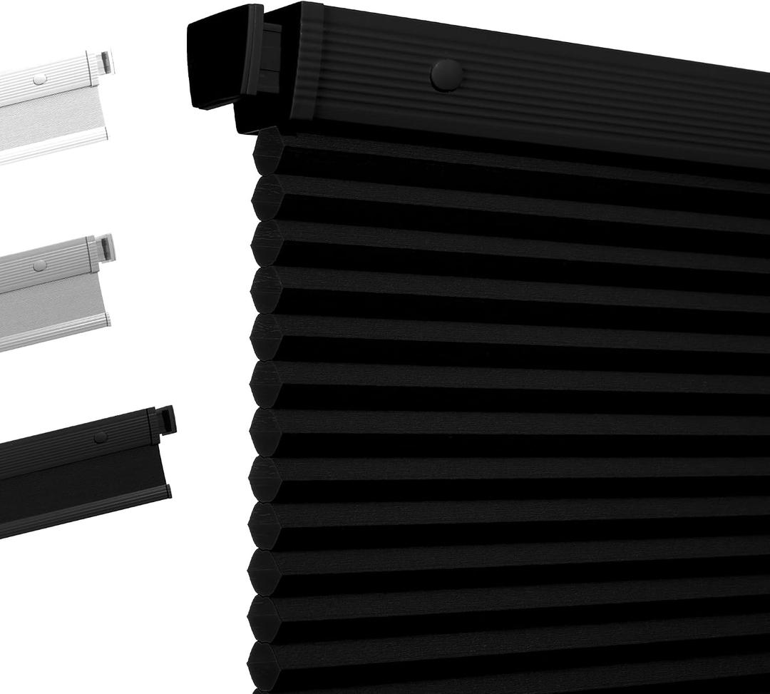 Boolegon No Drill Cellular Shades for Indoor Windows,Noise Reducing & Thermal Insulating Honeycomb Blinds,Cordless Free Stop Blackout Blinds Easy to Install,25" W x 64" H,Blackout Black