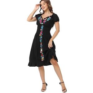 Women's Mexican Dress Embroidered Linen Dresses Casual Bohemian Floral Wedding Party Dress, Black Mediu