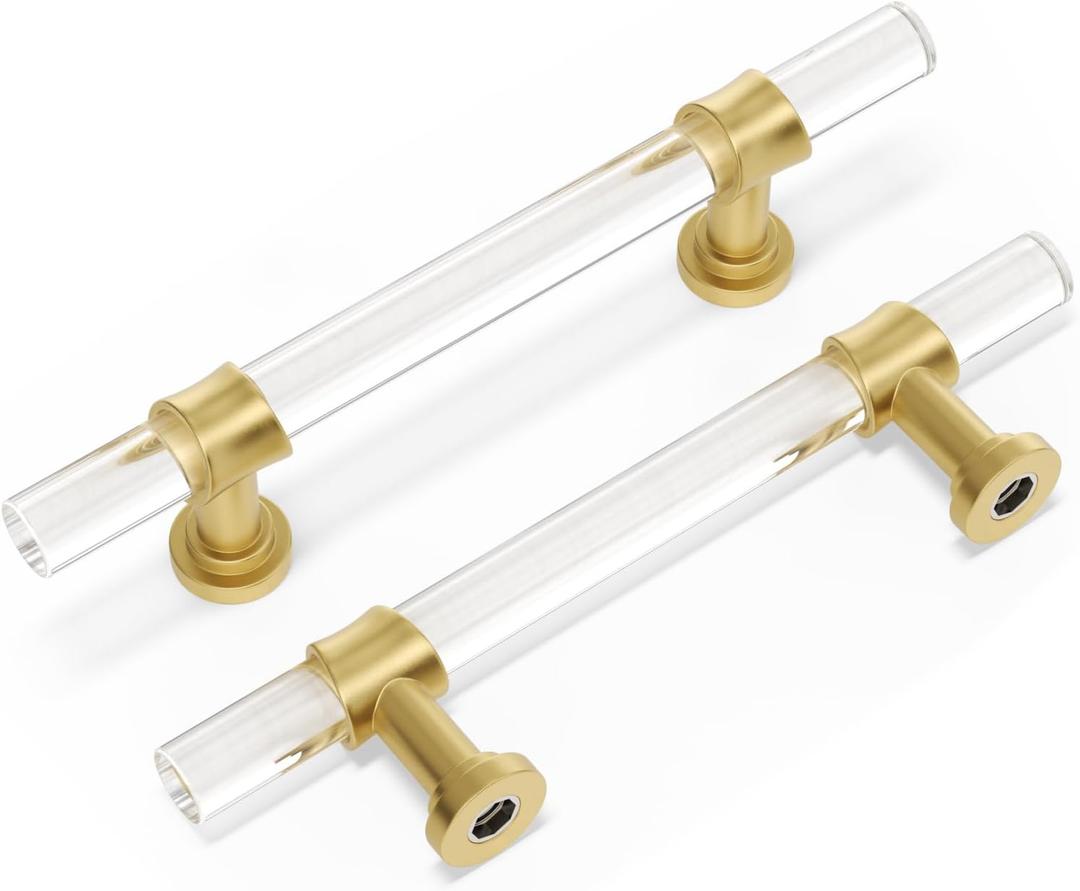 Peaha 10 Pack Acrylic Cabinet Pulls Kitchen Cabinet Handle Gold Dresser Drawer Pull Brushed Brass Cabinet Hardware, 3-1/2in Hole Center, 5-9/10 Inch Overall Length