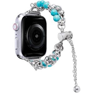 Metal Bands Compatible with iWatch 42mm Beaded Bracelet, Adjustable Strap Replacement Bling Smartwatch Bands Pearl Compatible with Apple Watch 38mm 40mm 41mm 42mm Series SE/11/10/9/8/7/6/5/4/3/2/1