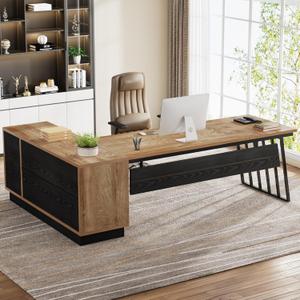 Tribesigns 71-Inch Executive Desk, L-Shaped Desk with Cabinet, Large Office Desk with Drawers and Storage Shelves, Writing Table Computer Desk for Home Office, Oak and Black