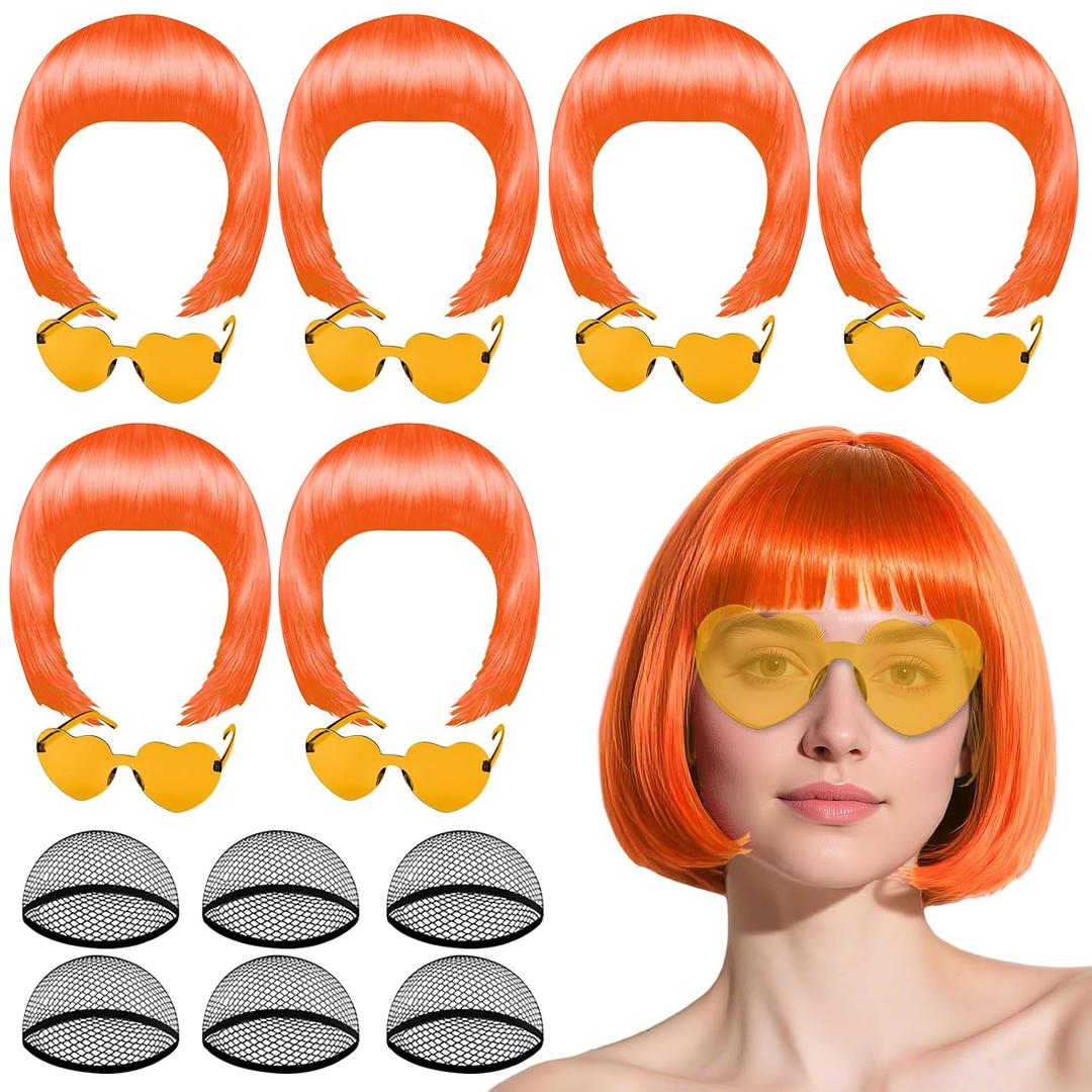 PLULON 6 Pack Orange Bob Wig with Heart Sunglasses and Hair Cap for Women, Colorful Cosplay Costume Neon Short Bob Wigs Funny Hairpieces Daily Bachelorette Halloween Costume Party Decorations