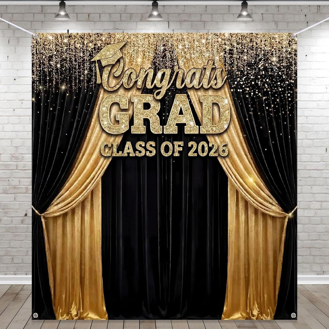 Frienda Large Class of 2026 Graduation Backdrop 5.9 x 6.6 ft Black Gold Congrats Grad Graduation Party Decoration Photo Props Prom Booth Banner Photography Background for College Party Decor Supplies