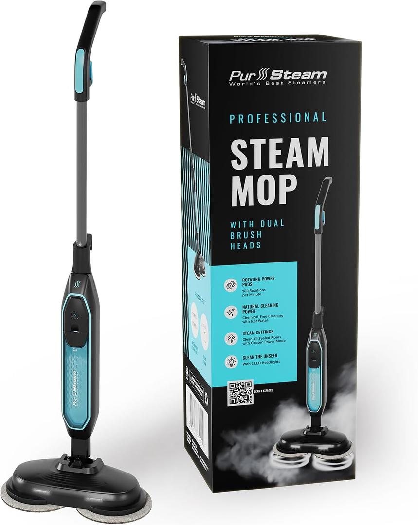 Pursteam ScrubMaster Steam Mop with Dual Scrubbing Head, LED Headlights, Adjustable Steam Control, Anti-Slip Swivel Head, Cable Holder & Upright Lock Pursteam ScrubMaster Steam Mop with Dual Scrubbing Head, LED Headlights, Adjustable Steam Control, Anti-Slip Swivel Head, Cable Holder & Upright Lock