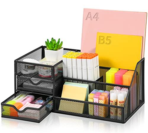 Lavatino Larger Mesh Desk Organizer with Drawers, Multifunctional Desk Organizers and Accessories with 6 compartments + 2 Drawer, Office Desktop Organization for supplies (Black)