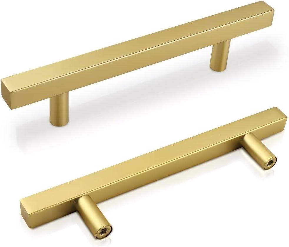 5 Inch 15 Pack Gold Drawer Handles, Brushed Brass Dresser Pulls Cabinet Handles, Square Cabinet Hardware for Kitchen, 7 9/16 Inch Overall Length