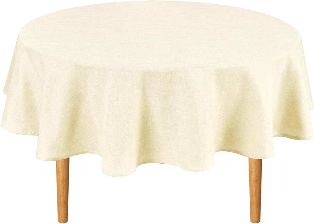 Hiasan Round Linen Tablecloth 80 Inch - Wrinkle and Stain Resistant Washable Polyester Fabric Table Cloth for Dining Room Kitchen Party, Champagne