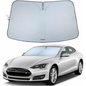 Windshield Sun Shade for Tesla Model S – Custom Fit Front Window Sunshade, Blocks 99% UV & Heat, Reflective, Mirror Cut-Out Design, Foldable & Fade-Resistant, Keeps Interior Cool