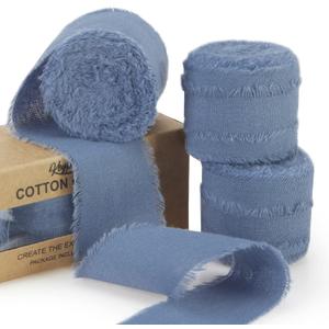Keypan Dusty Blue Ribbon 1-1/2 x 15 Yards Handmade Cotton Frayed Fringe Fabric Ribbons for Crafts Flower Bouquets Wedding Baby Shower Home DIY Decor