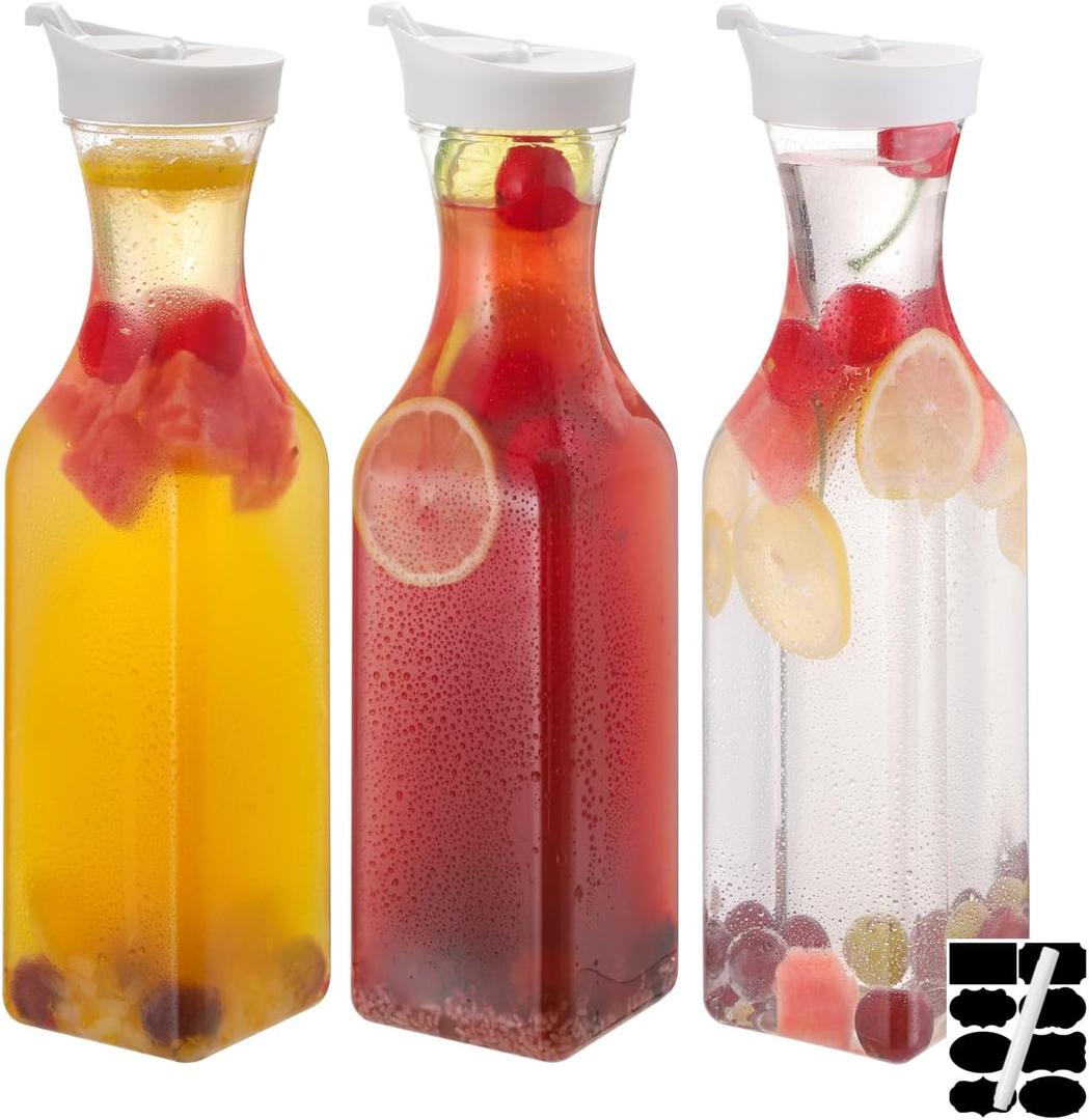 3-Pack 50 Oz Plastic Water Carafe Pitcher with Flip Top Lid, Square Base Juice Containers, Mimosa Bar Supplies Pitcher for Drinks, Water, Tea, Juice, Milk, Lemonade and Other Beverages