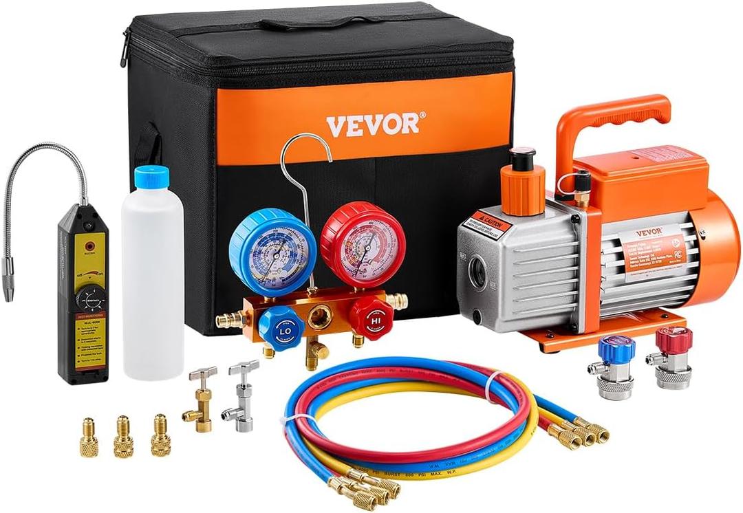VEVOR 4.5 CFM AC Vacuum Pump and Gauge Set, Single Stage Rotary Vane HVAC Air Vacuum Pump, A/C Refrigerant Manifold Gauge Kit, with Leak Detector Hoses, for R134a, R12, R22, R502a, R410A, R404, R407C
