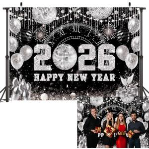 Happy New Year 2026 Black Silver Backdrop 2026 New Year Eve Countdown Photo Background Cheer to 2026 Party Decoration Banner Photo Supplies